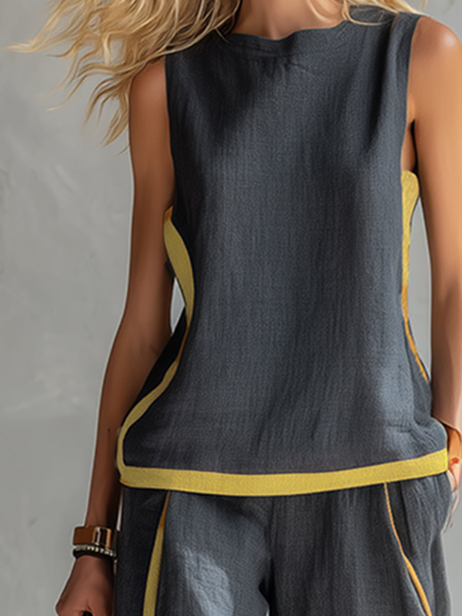 Leila - Conjunto elegante y casual de chaleco y pantalones de algodón y lino gris con bordes en dos tonalidades.
