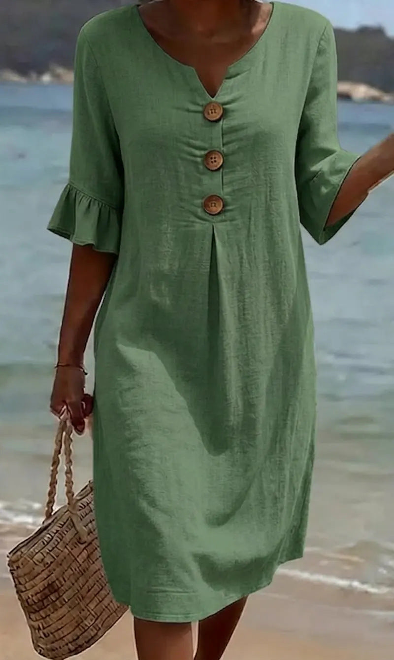 Carolina | Vestido de mujer de algodón y lino con mangas abullonadas y botones