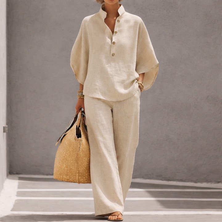 Maria | Conjunto de Algodón Lino con Mangas Murciélago y Pantalón Ancho