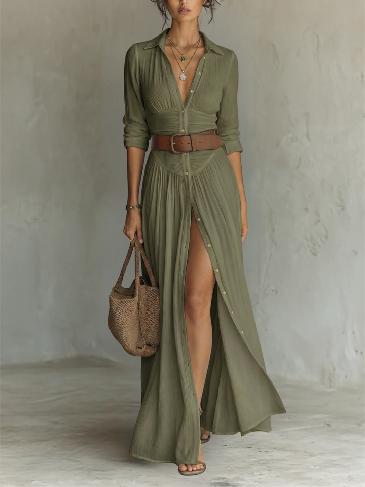 Robe Maxi Larga con Cuello Tipo Blazer y Mangas Largas de Lino para Mujer