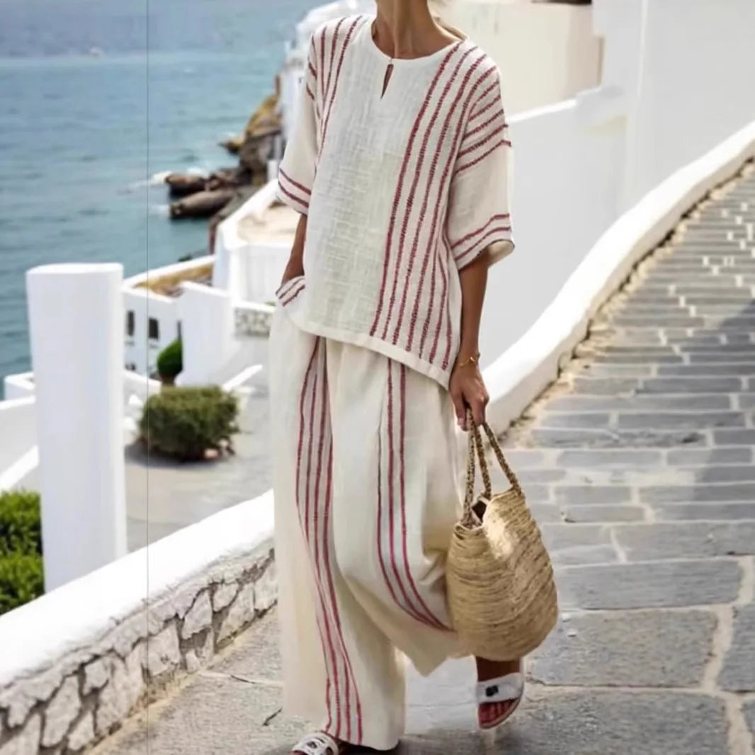 Teodora | Conjunto de Pantalón Estilo Rayas Algodón y Lino