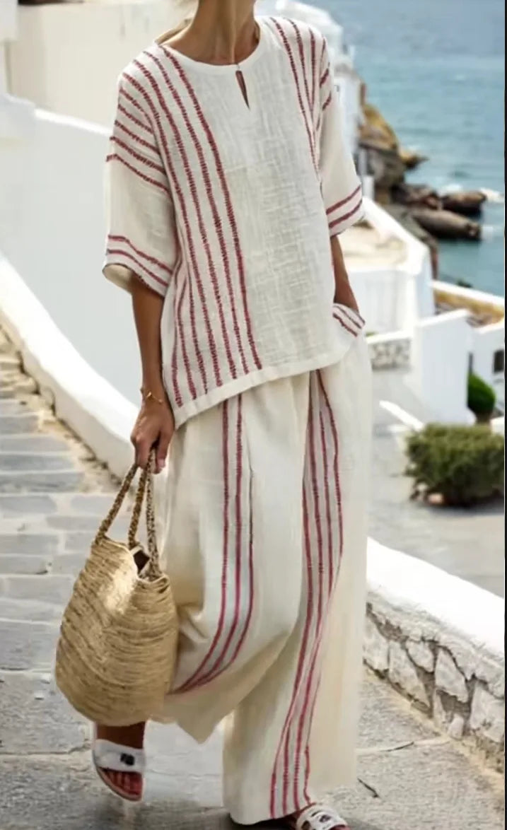 Teodora | Conjunto de Pantalón Estilo Rayas Algodón y Lino