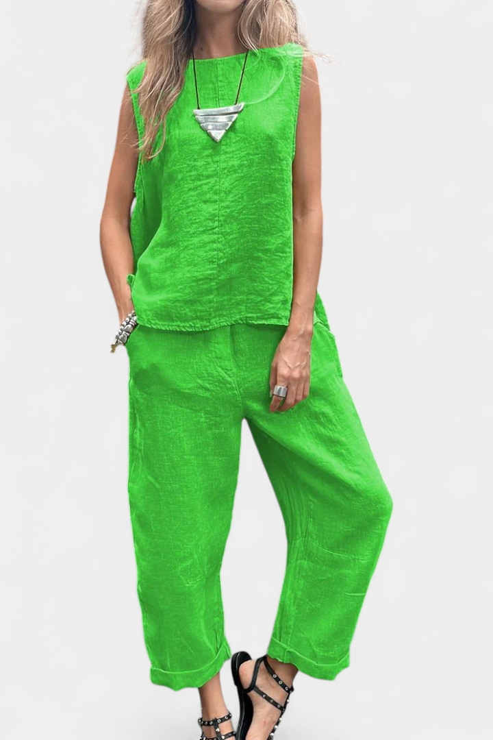 Leona | Conjunto de Chaleco y Pantalón Sin Mangas en Algodón Lino