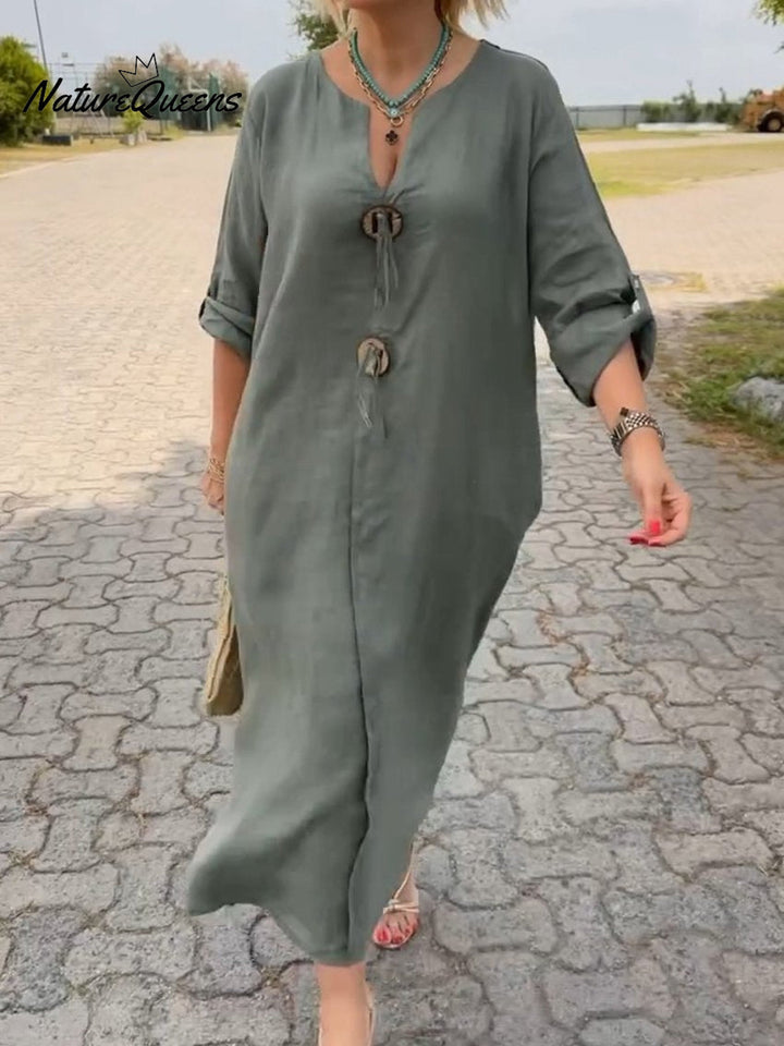 Noor – Garā kleita ar koka akcentiem un brīvām piedurknēm