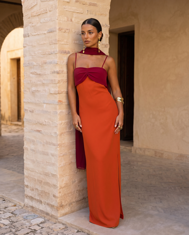 Laura | Vestido en naranja con escote en rojo (PRE ORDER 12-13 JUNIO)