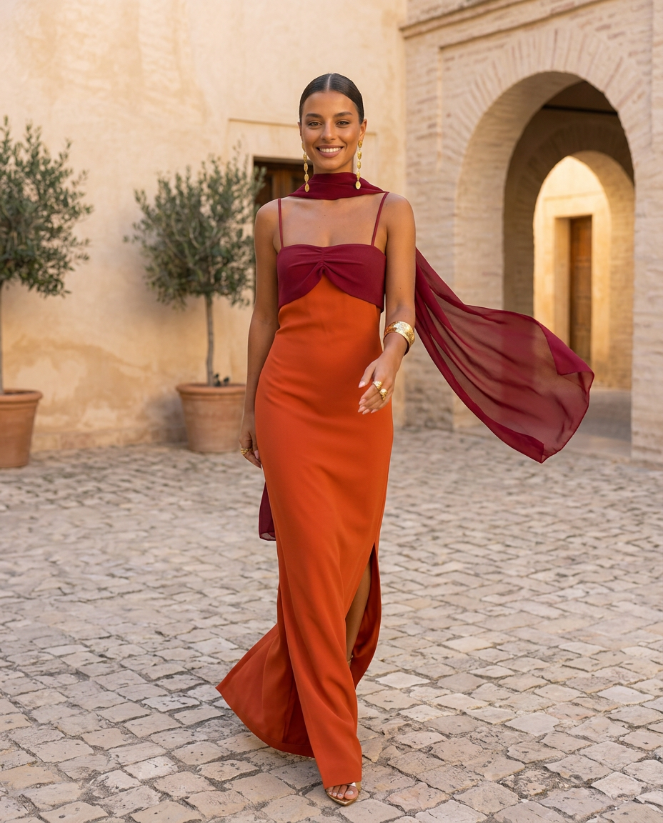 Laura | Vestido en naranja con escote en rojo (PRE ORDER 12-13 JUNIO)