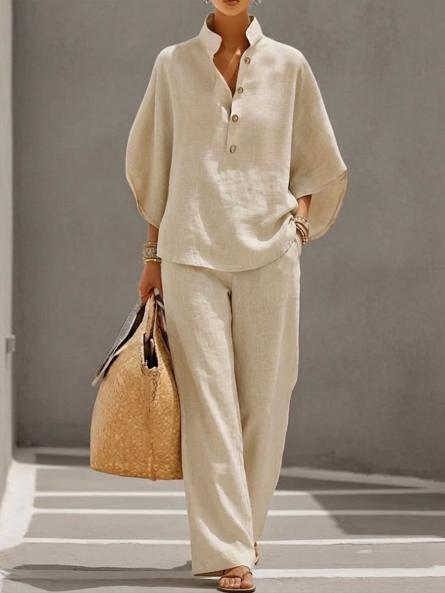 Maria | Conjunto de Algodón Lino con Mangas Murciélago y Pantalón Ancho