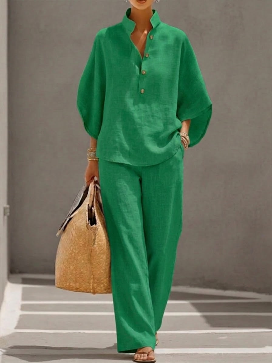 Maria | Conjunto de Algodón Lino con Mangas Murciélago y Pantalón Ancho