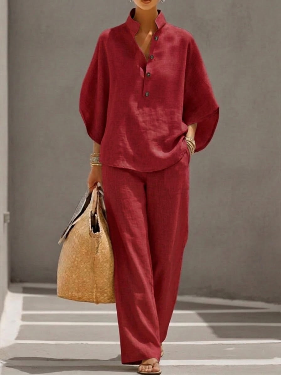 Maria | Conjunto de Algodón Lino con Mangas Murciélago y Pantalón Ancho