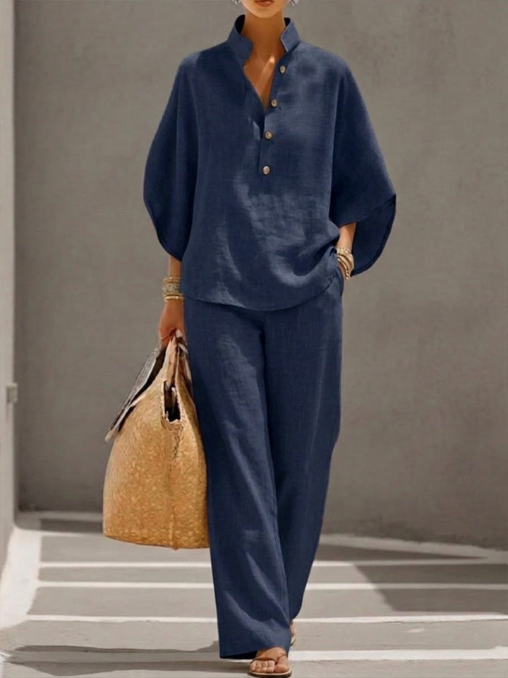 Maria | Conjunto de Algodón Lino con Mangas Murciélago y Pantalón Ancho