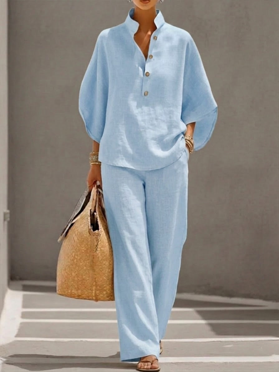 Maria | Conjunto de Algodón Lino con Mangas Murciélago y Pantalón Ancho