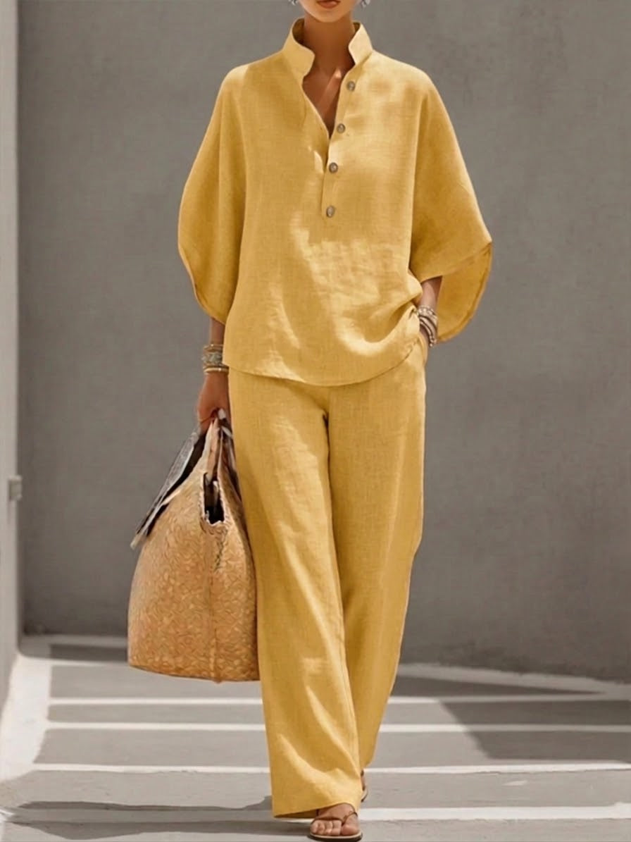 Maria | Conjunto de Algodón Lino con Mangas Murciélago y Pantalón Ancho